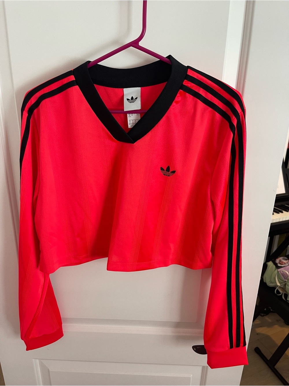 adidas Red and Black V-Neck Cropped Athletic Top